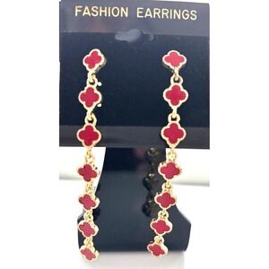 Gold & Red Dangle Earrings With Floral Design  3 Inches Long NEW